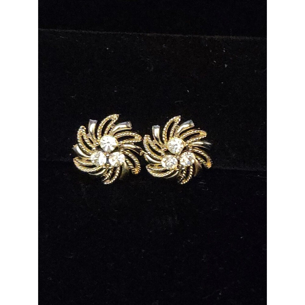 Vtg Signed LISNER 3 Clear Rhinestone Gold Tone Clip On Earrings Swirl Flowers